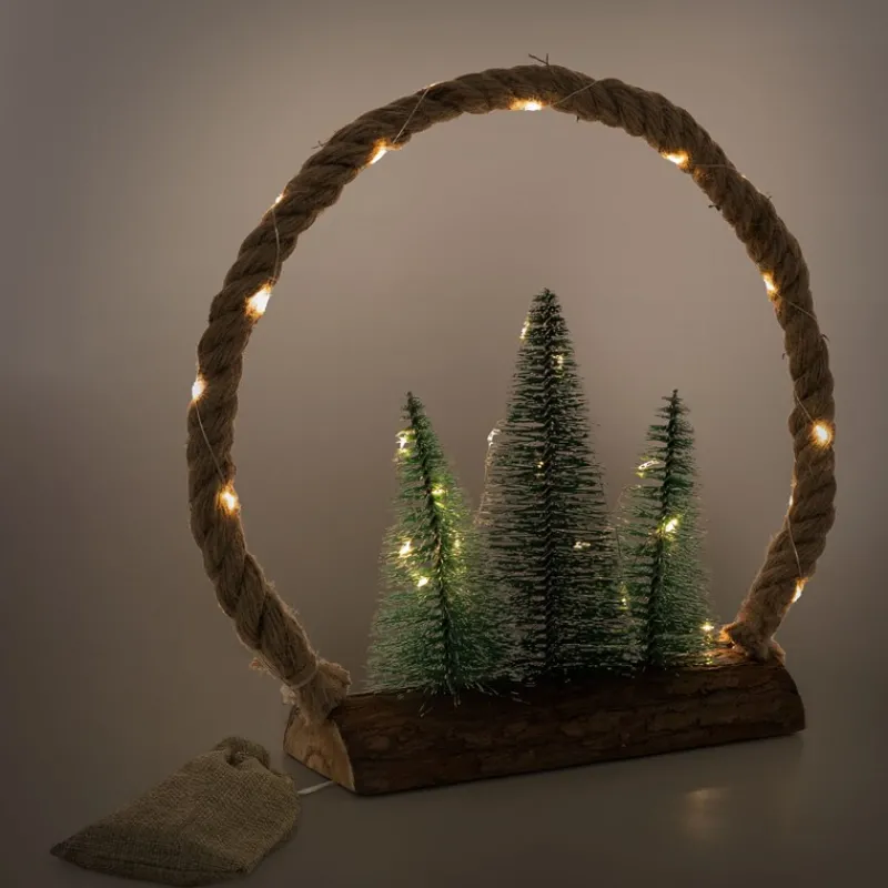 LED Jute Kreis 34x30x7.5 cm aus Seil mit 30 warmweißen LEDs 3 Tannen Jutesäckchen Batterien Timer-ECD Germany