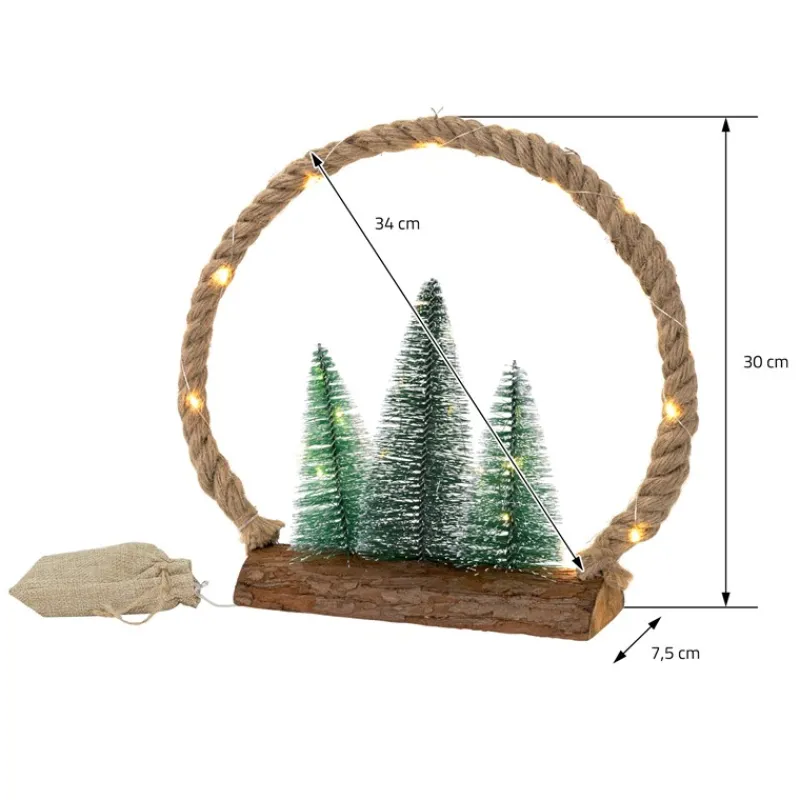 LED Jute Kreis 34x30x7.5 cm aus Seil mit 30 warmweißen LEDs 3 Tannen Jutesäckchen Batterien Timer-ECD Germany