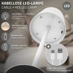 LED Tischlampe kabellos mit Touch, Weiß, Ø10x36 cm, Akku Tischleuchte USB-C ML-Design-ECD Germany New