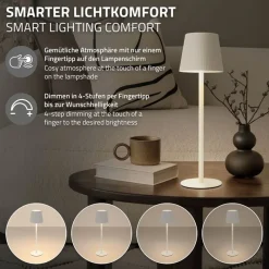 LED Tischlampe kabellos mit Touch, Weiß, Ø10x36 cm, Akku Tischleuchte USB-C ML-Design-ECD Germany New