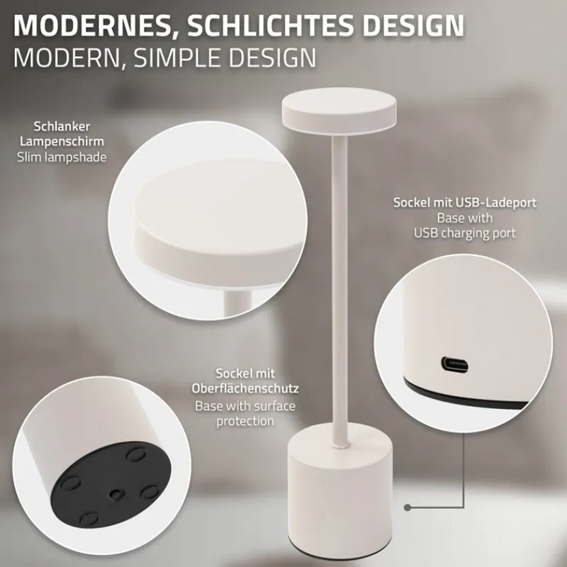 LED Tischlampe kabellos mit Touch, Creme Ø8x34,5cm Akku Tischleuchte USB-C ML-Design-ECD Germany