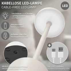 LED Tischlampe kabellos mit Touch, Creme Ø8x34,5cm Akku Tischleuchte USB-C ML-Design-ECD Germany