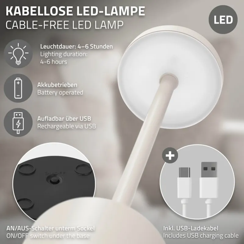 LED Tischlampe kabellos mit Touch, Creme Ø8x34,5cm Akku Tischleuchte USB-C ML-Design-ECD Germany