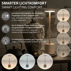 LED Tischlampe kabellos mit Touch, Creme Ø8x34,5cm Akku Tischleuchte USB-C ML-Design-ECD Germany