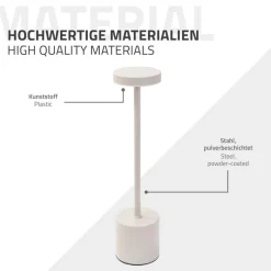 LED Tischlampe kabellos mit Touch, Creme Ø8x34,5cm Akku Tischleuchte USB-C ML-Design-ECD Germany
