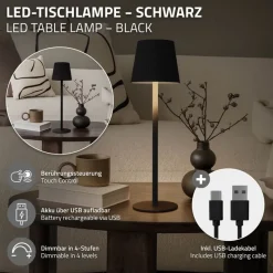 LED Tischlampe kabellos mit Touch, Schwarz, Ø10x36 cm, Akku Tischleuchte USB-C ML-Design-ECD Germany Clearance