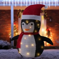 LED Weihnachtspinguin 68cm hoch mit Mütze und Schal Gartenfigur Weihnachtsdeko mit 30 warmweißen LEDs-ECD Germany New