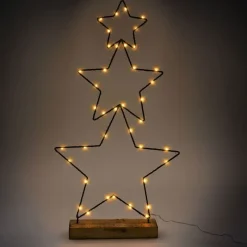 LED Weihnachtssternturm aus 3 Sternen 57 cm Schwarz aus Metall mit 40 warmweißen LEDs Batteriebetrieb-ECD Germany Online