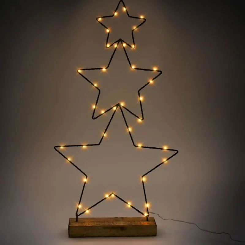 LED Weihnachtssternturm aus 3 Sternen 57 cm Schwarz aus Metall mit 40 warmweißen LEDs Batteriebetrieb-ECD Germany Online
