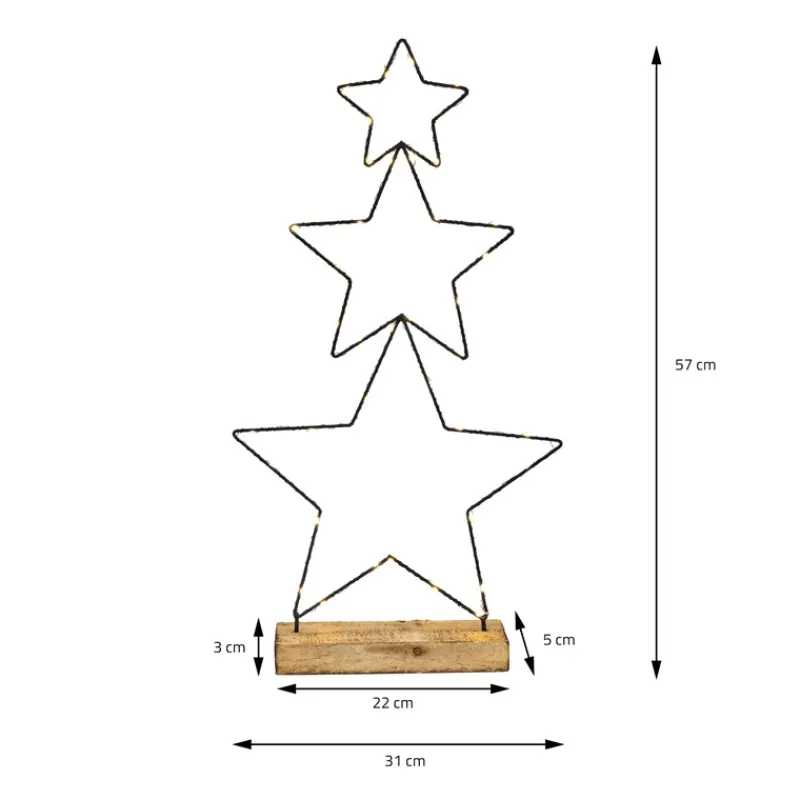 LED Weihnachtssternturm aus 3 Sternen 57 cm Schwarz aus Metall mit 40 warmweißen LEDs Batteriebetrieb-ECD Germany Online