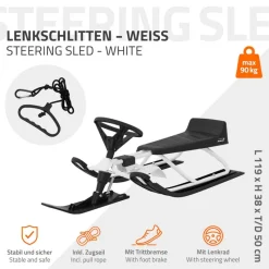 Lenkschlitten für Kinder Weiß ab 5 Jahre bis 90kg Sitz mit Rückenlehne-ECD Germany Best