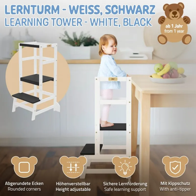 Lernturm für Kinder ab 1 Jahr weiß/schwarz mit höhenverstellbarer Plattform aus Holz von Joyz-ECD Germany Clearance