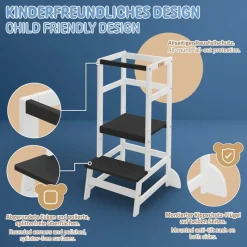 Lernturm für Kinder ab 1 Jahr weiß/schwarz mit höhenverstellbarer Plattform aus Holz von Joyz-ECD Germany Clearance