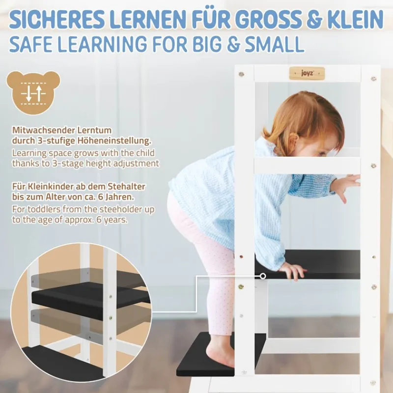 Lernturm für Kinder ab 1 Jahr weiß/schwarz mit höhenverstellbarer Plattform aus Holz von Joyz-ECD Germany Clearance