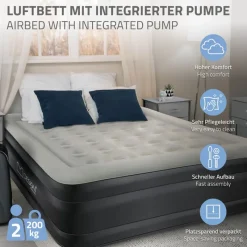 Luftmatratze Luftbett mit eingebauter Luftpumpe für 2 Personen 203x157x47 cm Grau ML-Design-ECD Germany Best