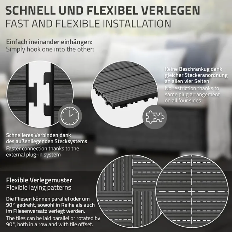 1m² 11 Stück WPC Terrassenfliesen 30x30 cm Anthrazit in Holzoptik Balkon Bodenbelag mit Drainage und Klicksystem Terrassendielen Balkonfliesen-ECD Germany Best