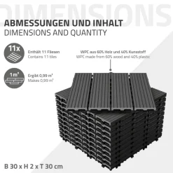 1m² 11 Stück WPC Terrassenfliesen 30x30 cm Anthrazit in Holzoptik Balkon Bodenbelag mit Drainage und Klicksystem Terrassendielen Balkonfliesen-ECD Germany Best