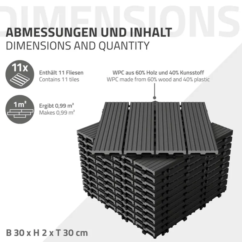 1m² 11 Stück WPC Terrassenfliesen 30x30 cm Anthrazit in Holzoptik Balkon Bodenbelag mit Drainage und Klicksystem Terrassendielen Balkonfliesen-ECD Germany Best