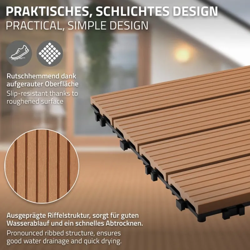 2m² 12 Stück WPC Terrassenfliesen 60x30 cm Hellbraun in Holzoptik Balkon Bodenbelag mit Drainage und Klicksystem Terrassendielen Balkonfliesen-ECD Germany