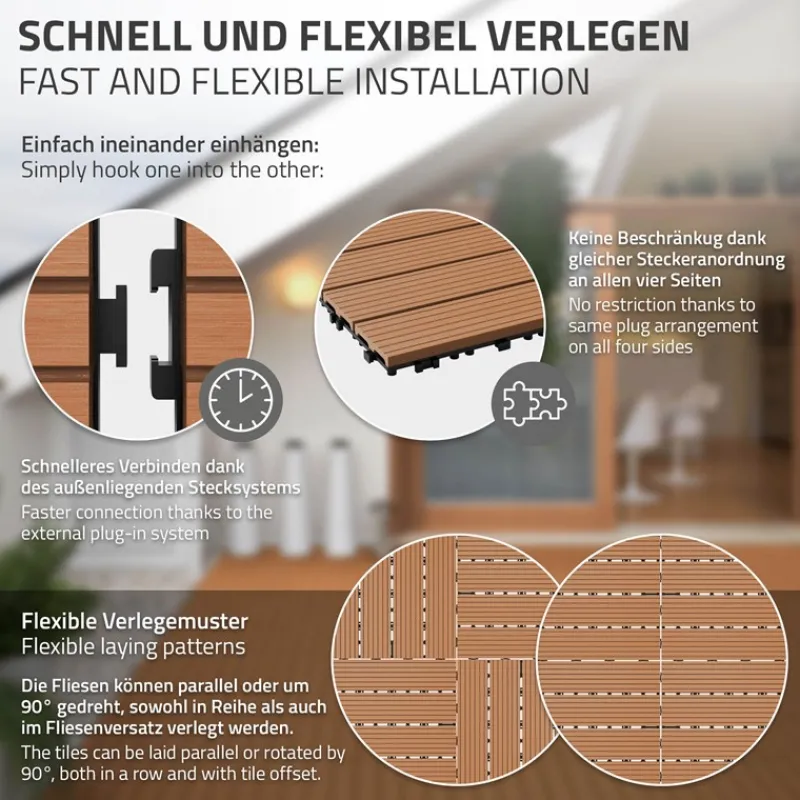 2m² 12 Stück WPC Terrassenfliesen 60x30 cm Hellbraun in Holzoptik Balkon Bodenbelag mit Drainage und Klicksystem Terrassendielen Balkonfliesen-ECD Germany