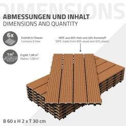 2m² 12 Stück WPC Terrassenfliesen 60x30 cm Hellbraun in Holzoptik Balkon Bodenbelag mit Drainage und Klicksystem Terrassendielen Balkonfliesen-ECD Germany