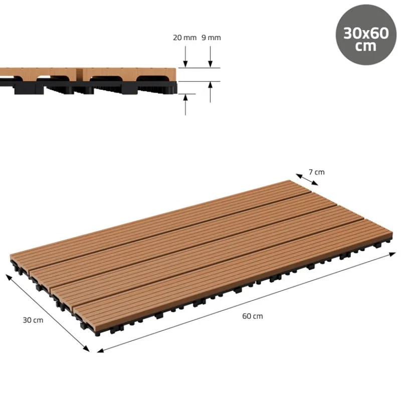 2m² 12 Stück WPC Terrassenfliesen 60x30 cm Hellbraun in Holzoptik Balkon Bodenbelag mit Drainage und Klicksystem Terrassendielen Balkonfliesen-ECD Germany