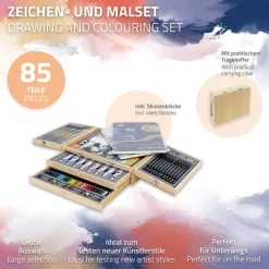 Malkoffer aus Holz 85-Teilig mit Pinseln, Bleistiften, Acrylfarben und Skizzierblöcken-ECD Germany Hot