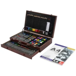 Malkoffer aus Holz 141-Teilig mit Buntstiften, Ölpastellkreide, Aquarellfarben-ECD Germany Clearance