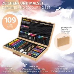 Malkoffer aus Holz 109-Teilig mit Kreiden, Buntstiften und Wasserfarben inklusive Zubehör-ECD Germany Clearance