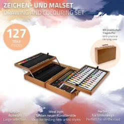 Malset 127-Teilig im Holzkoffer mit Farbtuben und verschiedenen Farbstiften für Groß und Klein-ECD Germany Online
