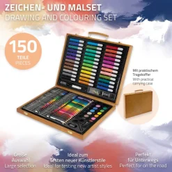 Malset 150-Teilig im Holzkoffer mit Filzstiften, Wachsmalstiften, Ölpastellkreide und Buntstiften-ECD Germany Outlet