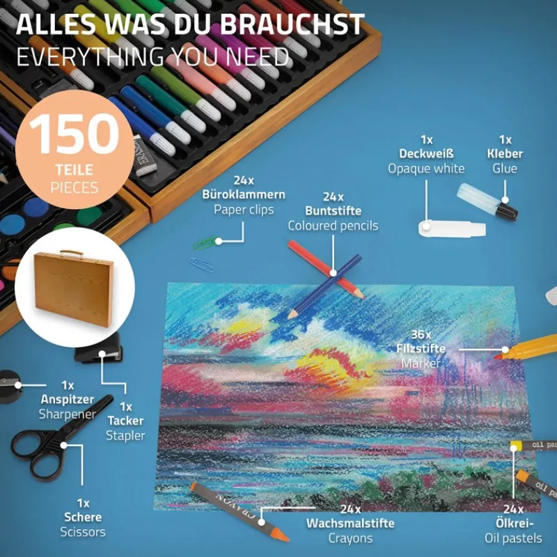 Malset 150-Teilig im Holzkoffer mit Filzstiften, Wachsmalstiften, Ölpastellkreide und Buntstiften-ECD Germany Outlet