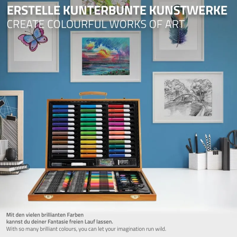 Malset 150-Teilig im Holzkoffer mit Filzstiften, Wachsmalstiften, Ölpastellkreide und Buntstiften-ECD Germany Outlet