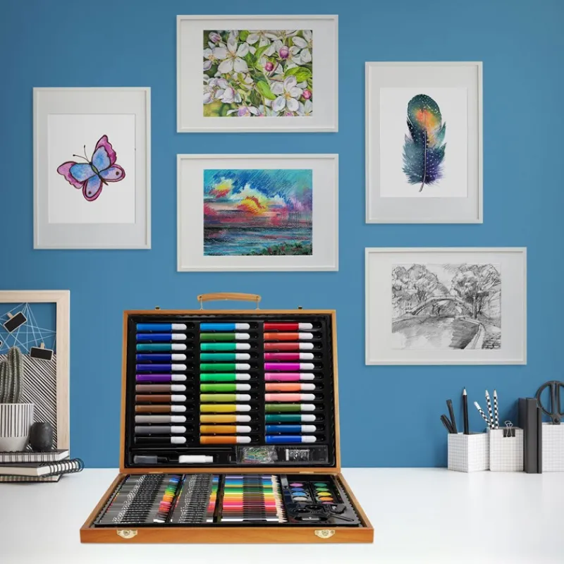 Malset 150-Teilig im Holzkoffer mit Filzstiften, Wachsmalstiften, Ölpastellkreide und Buntstiften-ECD Germany Outlet