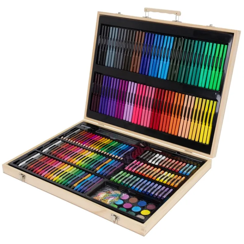 Malset 220-Teilig im Holzkoffer mit Filzstiften, Wachsmalstiften, Ölpastellkreide, Buntstiften und Wasserfarben-ECD Germany Sale
