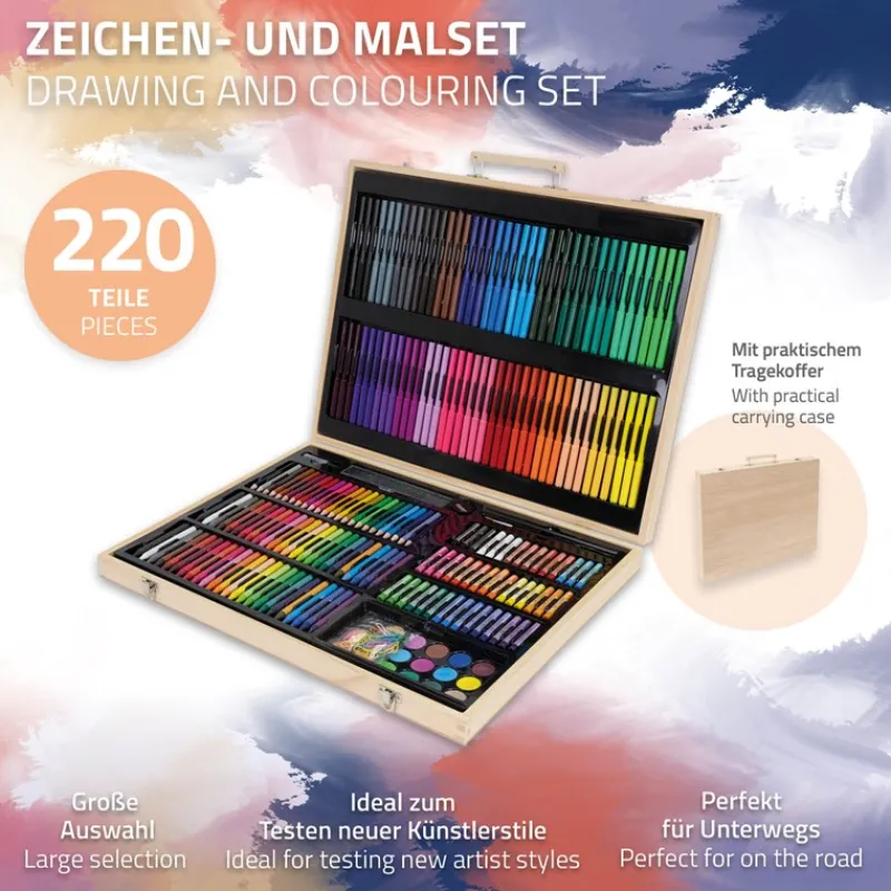 Malset 220-Teilig im Holzkoffer mit Filzstiften, Wachsmalstiften, Ölpastellkreide, Buntstiften und Wasserfarben-ECD Germany Sale
