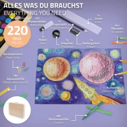 Malset 220-Teilig im Holzkoffer mit Filzstiften, Wachsmalstiften, Ölpastellkreide, Buntstiften und Wasserfarben-ECD Germany Sale