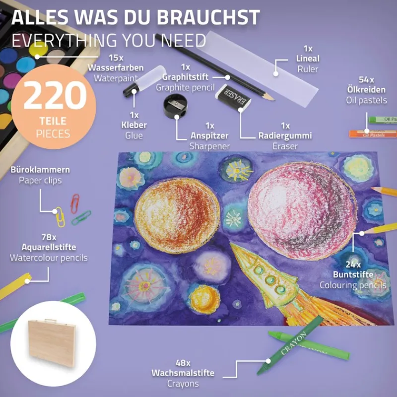 Malset 220-Teilig im Holzkoffer mit Filzstiften, Wachsmalstiften, Ölpastellkreide, Buntstiften und Wasserfarben-ECD Germany Sale