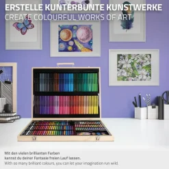 Malset 220-Teilig im Holzkoffer mit Filzstiften, Wachsmalstiften, Ölpastellkreide, Buntstiften und Wasserfarben-ECD Germany Sale