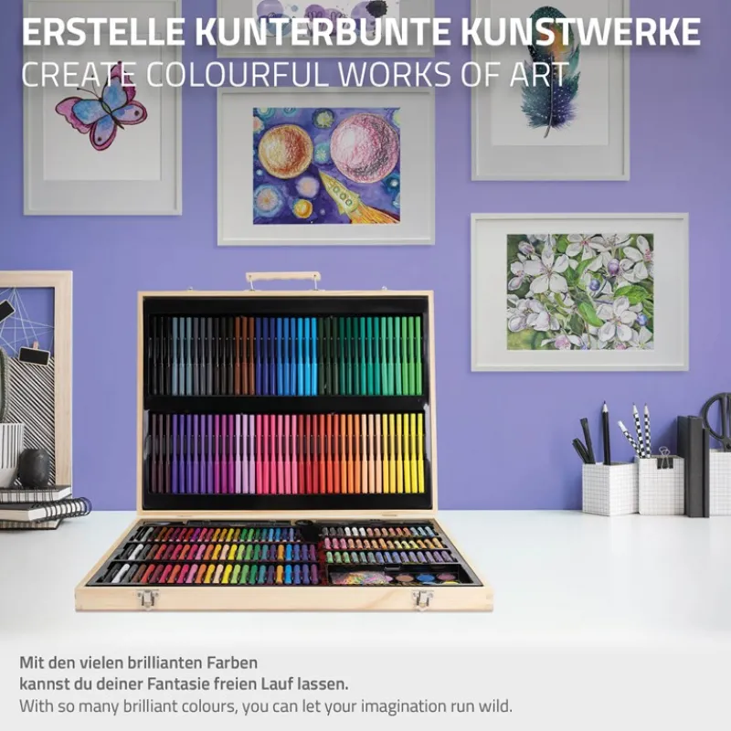 Malset 220-Teilig im Holzkoffer mit Filzstiften, Wachsmalstiften, Ölpastellkreide, Buntstiften und Wasserfarben-ECD Germany Sale