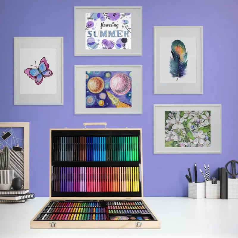 Malset 220-Teilig im Holzkoffer mit Filzstiften, Wachsmalstiften, Ölpastellkreide, Buntstiften und Wasserfarben-ECD Germany Sale