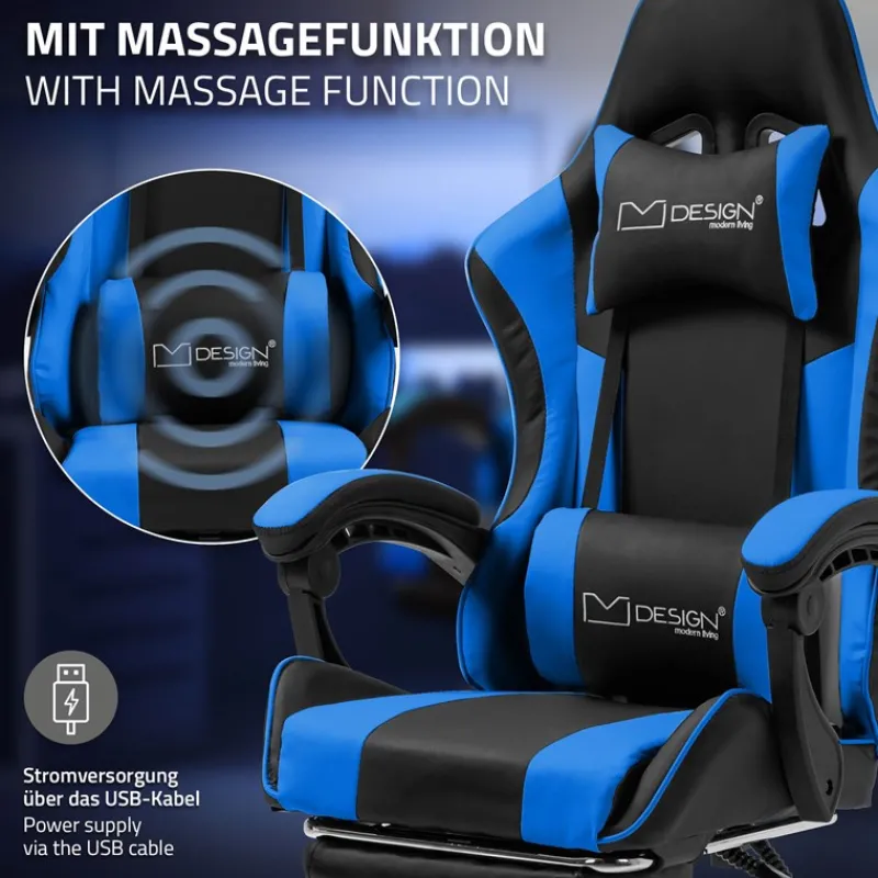 Massage Gaming Stuhl Schwarz/Blau aus PU-Leder ML-Design-ECD Germany