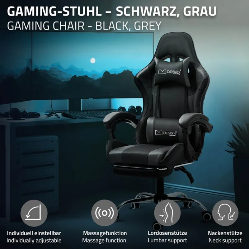 Massage Gaming Stuhl Schwarz/Grau aus PU-Leder ML-Design-ECD Germany Online