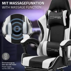 Massage Gaming Stuhl Schwarz/Weiß aus PU-Leder ML-Design-ECD Germany Best