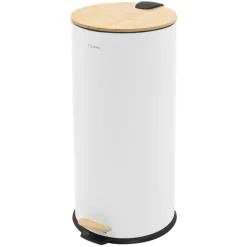 Mülleimer 30L rund mit Fußpedal, Weiß, Stahl, Treteimer mit Bambusdeckel Softclose ML-Design-ECD Germany