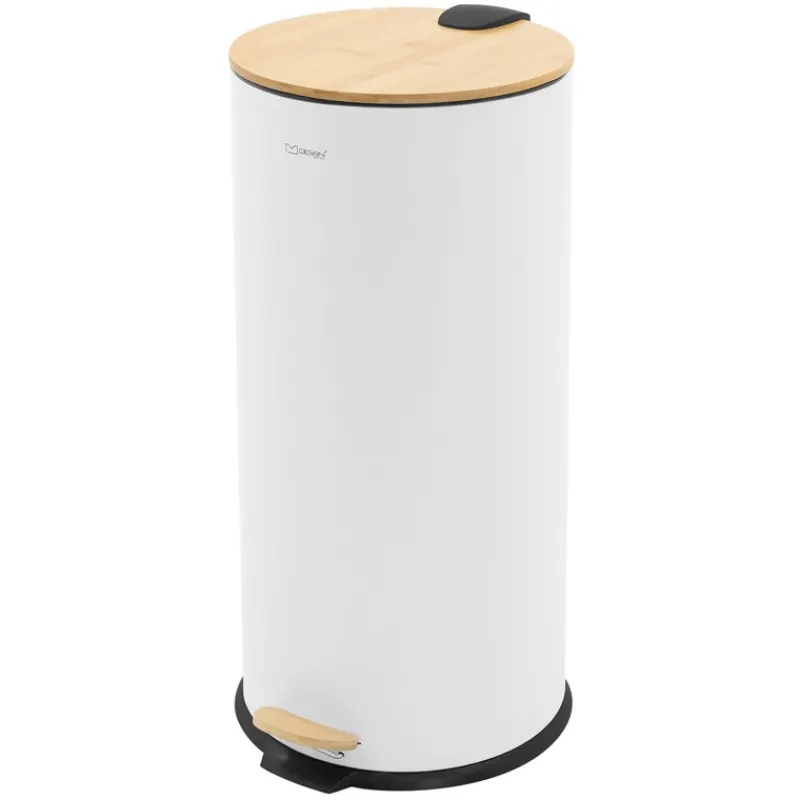 Mülleimer 30L rund mit Fußpedal, Weiß, Stahl, Treteimer mit Bambusdeckel Softclose ML-Design-ECD Germany