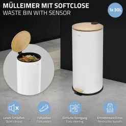 Mülleimer 30L rund mit Fußpedal, Weiß, Stahl, Treteimer mit Bambusdeckel Softclose ML-Design-ECD Germany