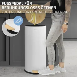 Mülleimer 30L rund mit Fußpedal, Weiß, Stahl, Treteimer mit Bambusdeckel Softclose ML-Design-ECD Germany