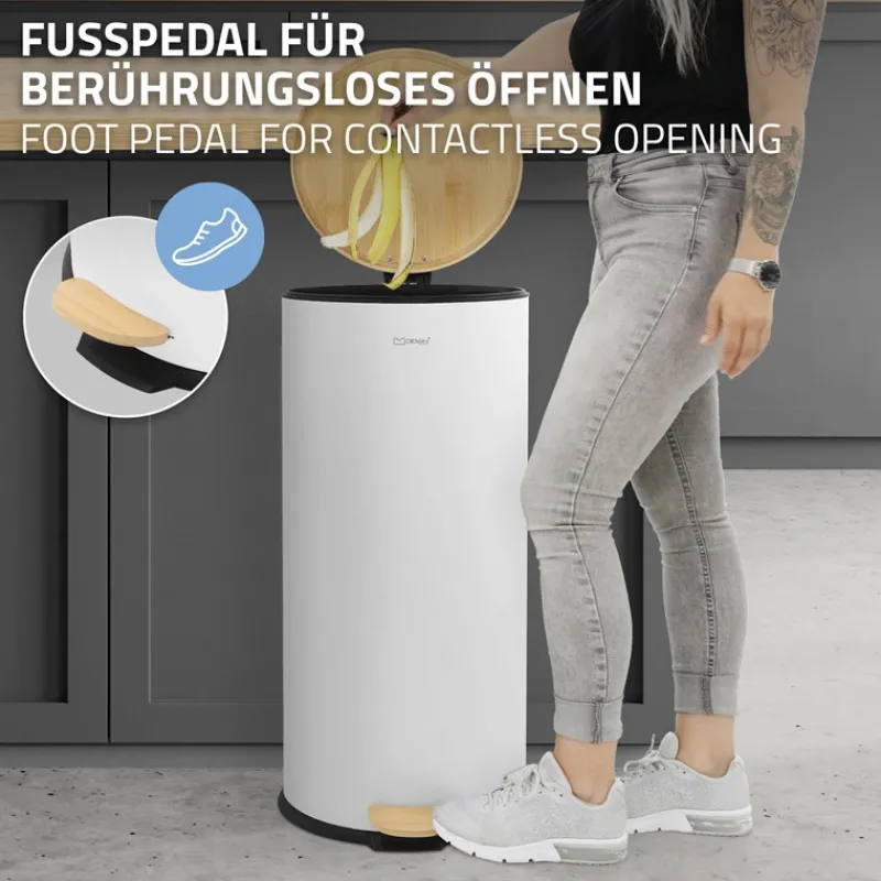 Mülleimer 30L rund mit Fußpedal, Weiß, Stahl, Treteimer mit Bambusdeckel Softclose ML-Design-ECD Germany