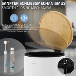 Mülleimer 30L rund mit Fußpedal, Weiß, Stahl, Treteimer mit Bambusdeckel Softclose ML-Design-ECD Germany